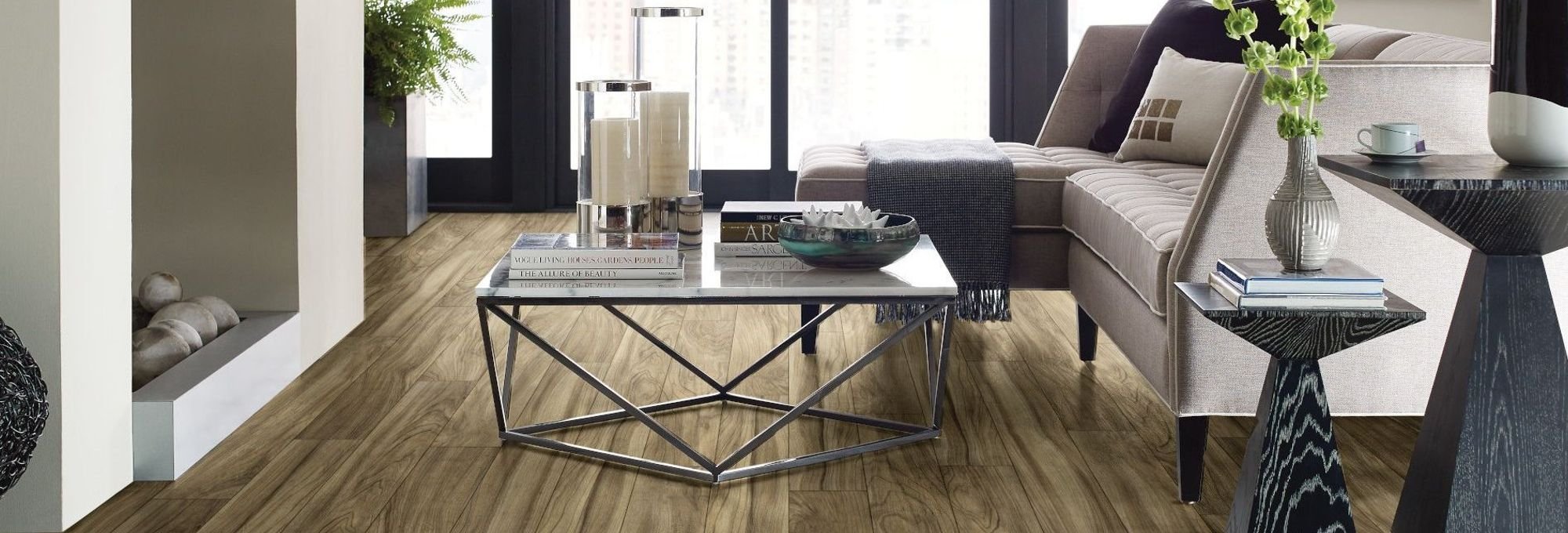 Living room with wood-look laminate flooring from Triangle Flooring Center in Carrboro, North Carolina